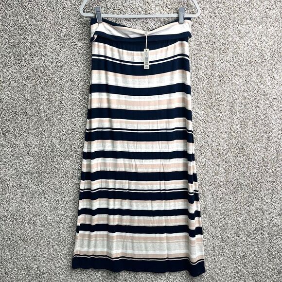 Max Studio Skirt Women’s Large Navy Blue and Beige Striped Fold-over Maxi NWT - Picture 1 of 7